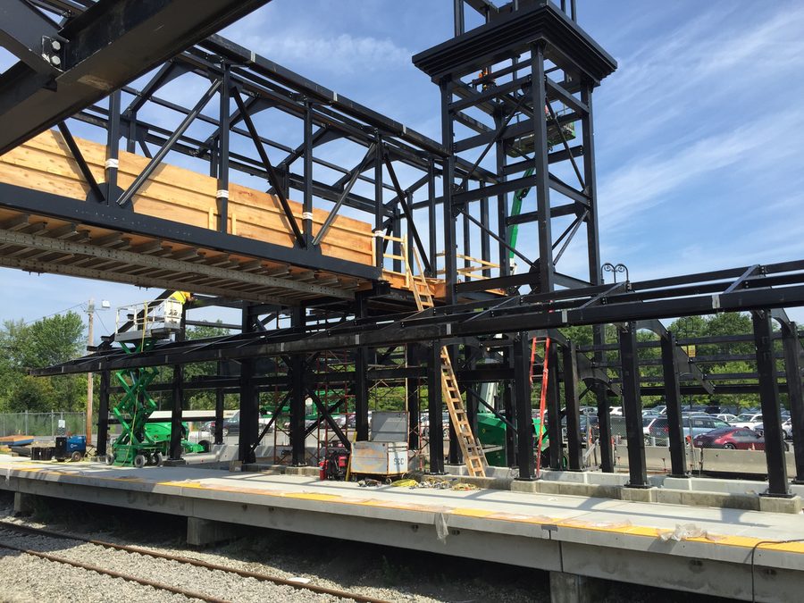 Steel canopy frame over a transit platform